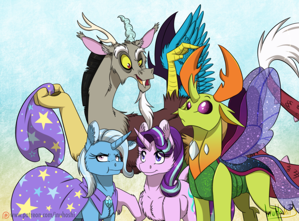 antlers blue_feathers changeling cutie_mark discord_(mlp) draconequus equine eyelashes feathered_wings feathers female feral friendship_is_magic fur horn inuhoshi-to-darkpen male mammal my_little_pony purple_fur simple_background standing starlight_glimmer_(mlp) thorax_(mlp) trixie_(mlp) unicorn wings