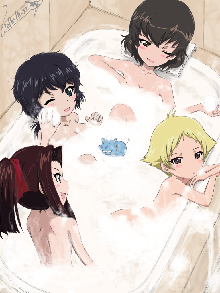:&gt; :o back bangs bath bathing bathroom black_hair blonde_hair blue_eyes blush breasts brown_eyes brown_hair bubble_bath bukkuri caesar_(girls_und_panzer) cleavage convenient_arm dated erwin_(girls_und_panzer) girls_und_panzer hair_ornament hair_ribbon head_rest indoors knees_up large_breasts leaning_forward looking_at_another looking_at_viewer multiple_girls nude one_eye_closed oryou_(girls_und_panzer) outstretched_hand parted_lips ponytail reclining ribbon saemonza shared_bathing short_hair signature soap_bubbles tile_wall tiles towel triangle_mouth wince