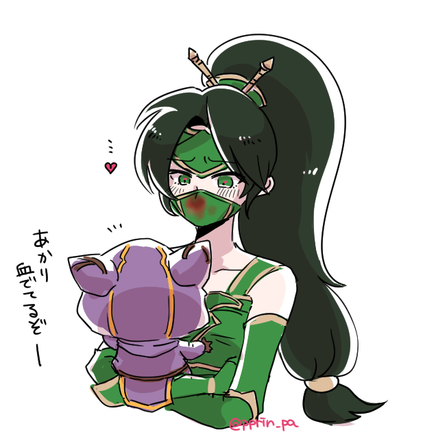 1girl akali black_hair blood gloves green_eyes heart heart-shaped_pupils kennen league_of_legends long_hair mask nosebleed otani_(kota12ro08) ponytail symbol-shaped_pupils translated twitter_username yordle