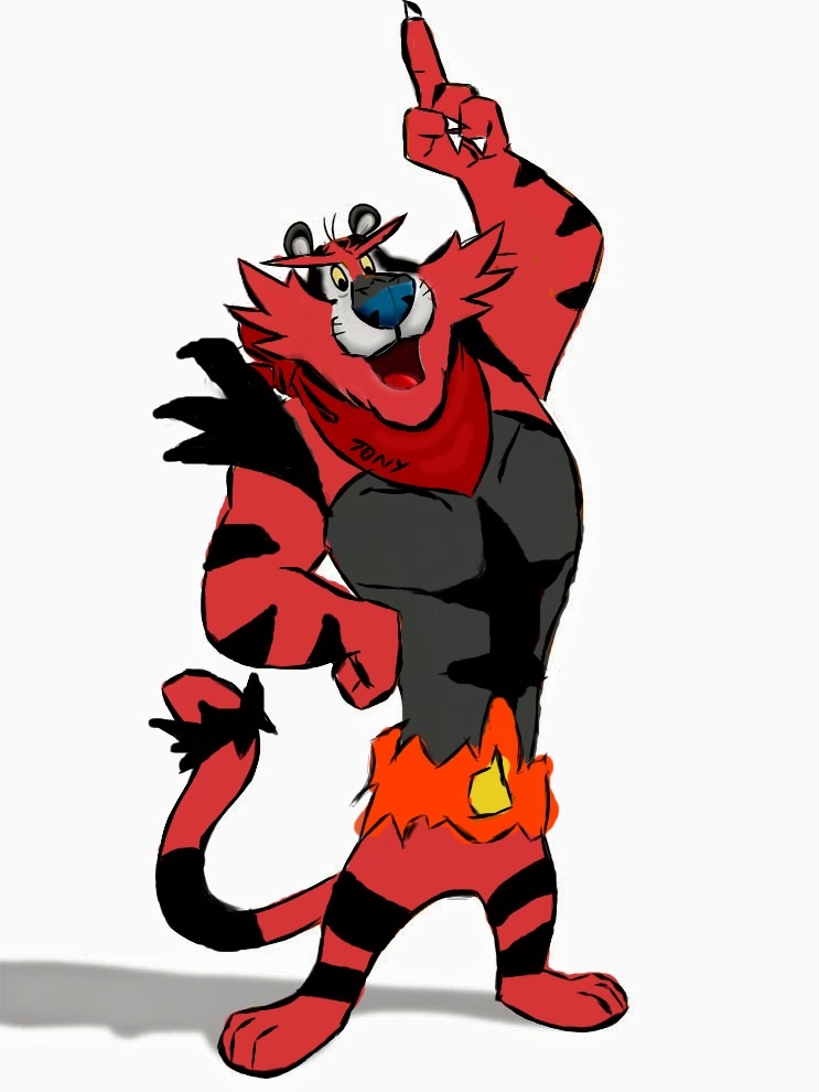 1boy cosplay crossover full_body incineroar incineroar_(cosplay) kellogg's male_focus pointing pointing_up pokemon pokemon_sm scarf solo tiger tony_the_tiger white_background