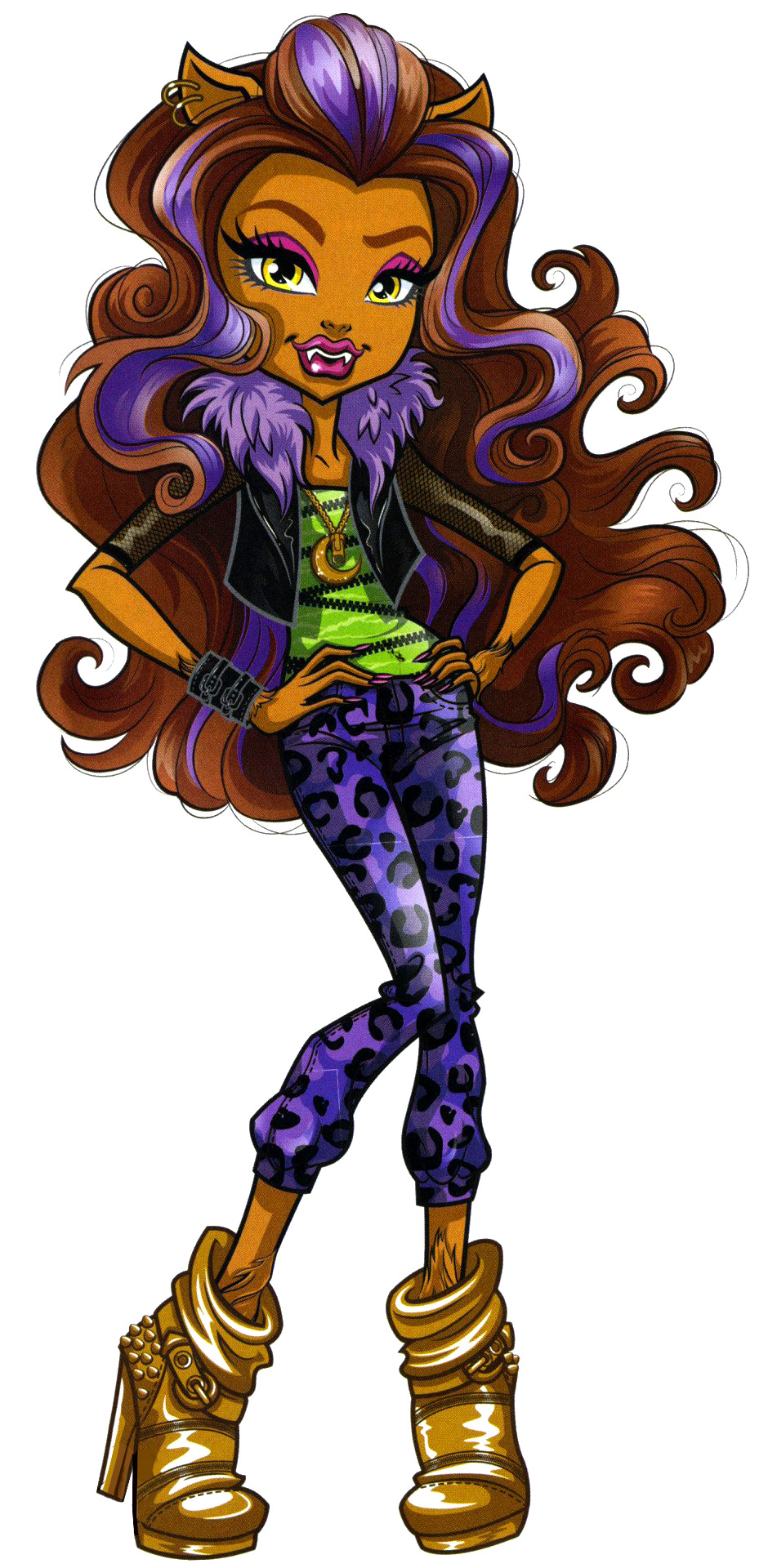 big_lips brown_hair canine clawdeen_wolf clothing ear_piercing eyeshadow fangs female footwear hair high_heels jewelry lips makeup mammal monster_high necklace official_art piercing shoes solo were werewolf wide_hips yellow_eyes