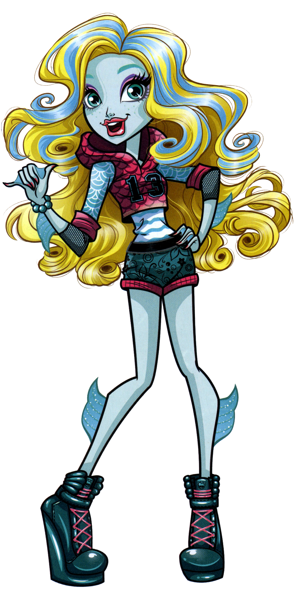 blue_eyes clothing female footwear freckles high_heels hoodie humanoid lagoona_blue looking_at_viewer marine monster_high official_art shoes shorts solo wide_hips