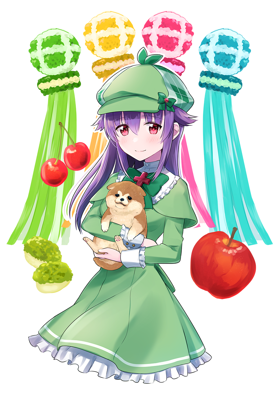1girl animal animal_hug apple bangs blush bow cherry closed_mouth commentary_request dog dress eyebrows_visible_through_hair food frilled_dress frills fruit green_bow green_capelet green_dress green_hat hair_between_eyes hair_flaps hat hercule_barton highres long_hair long_sleeves mugi_(iccomae) plaid_hat purple_hair red_apple red_eyes smile solo tantei_opera_milky_holmes white_background