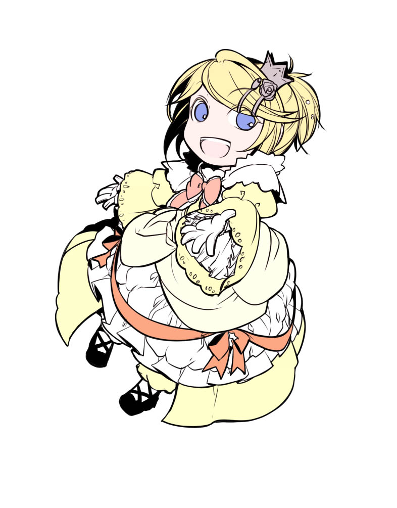 aku_no_musume_(vocaloid) blonde_hair blue_eyes chibi crown dress evillious_nendaiki flower frilled_dress frills hair_ornament hairclip ichi_ka juliet_sleeves kagamine_rin long_sleeves mary_janes mini_crown open_mouth orange_ribbon outstretched_hand pigeon-toed puffy_dress puffy_sleeves ribbon riliane_lucifen_d'autriche rose shoes smile solo updo vocaloid yellow_dress