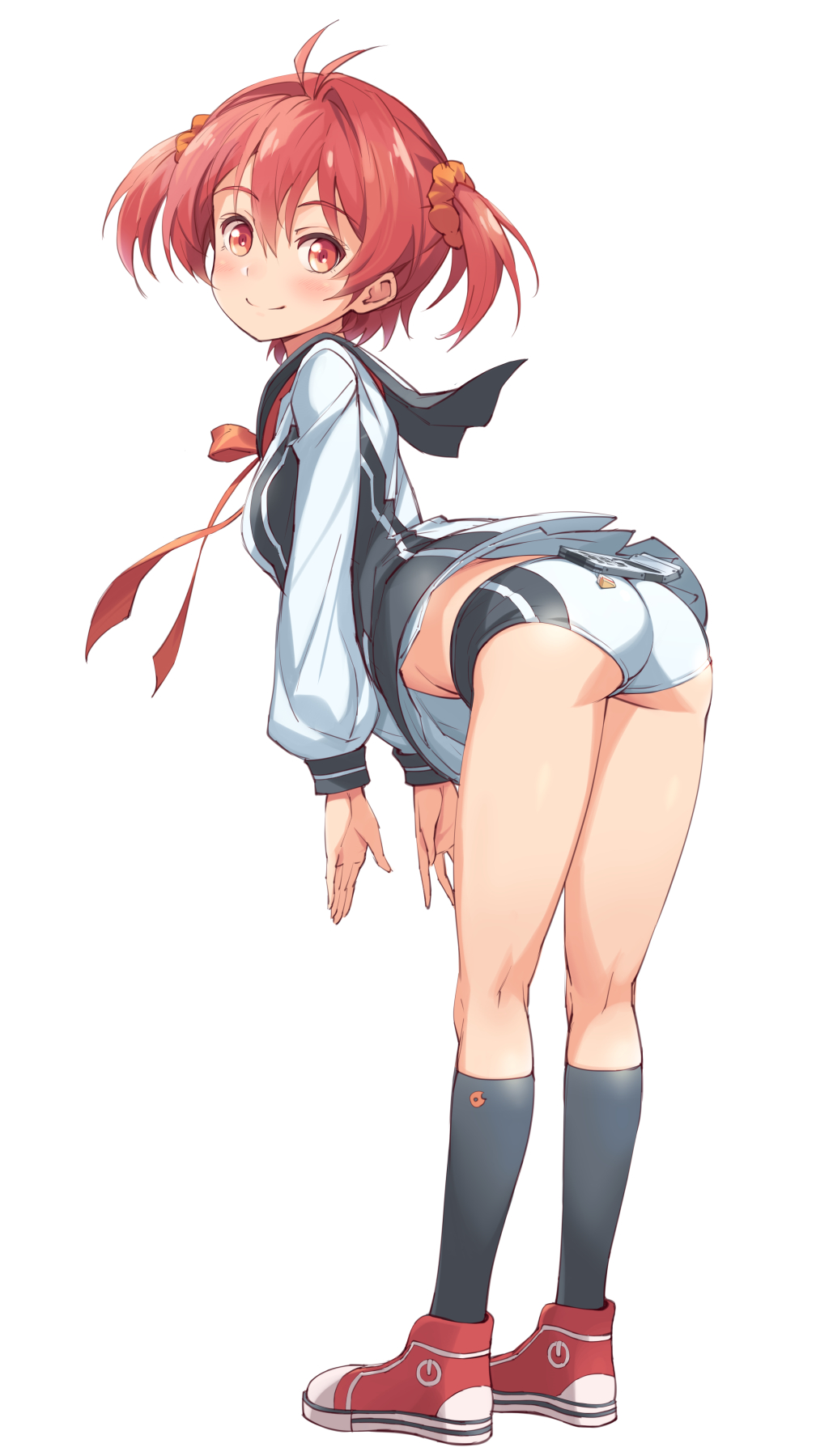 ass bent_over black_legwear blush cellphone charm_(object) closed_mouth commentary_request from_behind hair_ornament hair_scrunchie highres isshiki_akane kneehighs kneepits long_sleeves looking_at_viewer looking_back michairu miniskirt national_shin_ooshima_school_uniform parody phone power_symbol red_footwear sailor_collar school_uniform scrunchie shoes short_hair short_shorts shorts simple_background skirt socks solo tareme tawawa_challenge twintails two_side_up upskirt vividred_operation white_background white_skirt you're_doing_it_wrong