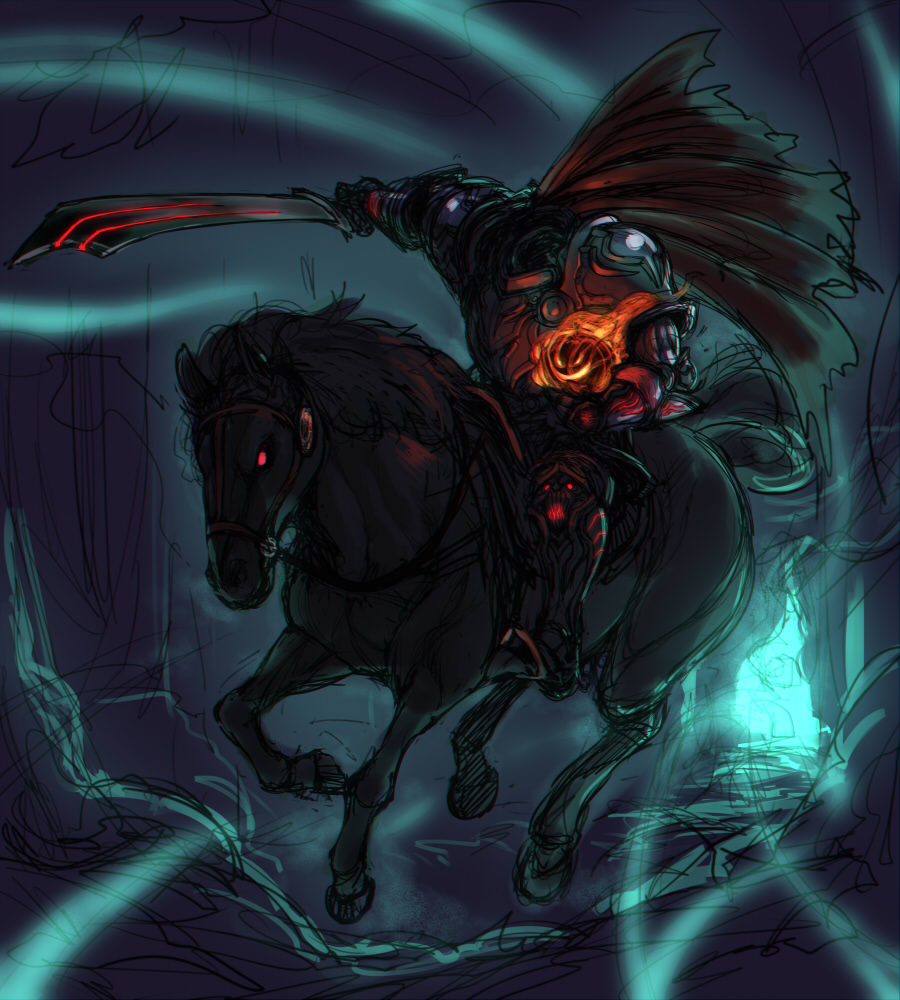 animal armor cape dullahan glowing glowing_eyes headless headless_horseman horse horseback_riding monster_boy original pumpkin riding space_jin sword weapon