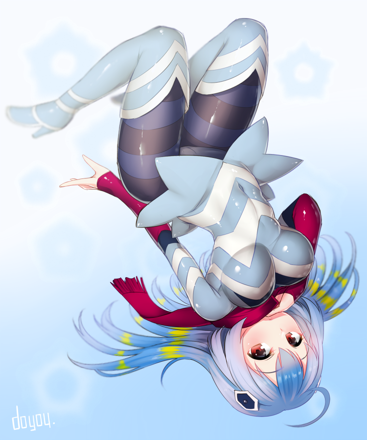 blue_background blue_footwear blue_hair blue_legwear boots breasts covered_navel doyouwantto guts_seijin high_heel_boots high_heels large_breasts long_hair looking_at_viewer pantyhose red_eyes signature solo striped striped_legwear thigh_boots thighhighs ultra_kaijuu_gijinka_keikaku ultra_series ultra_seven_(series) upside-down white_background