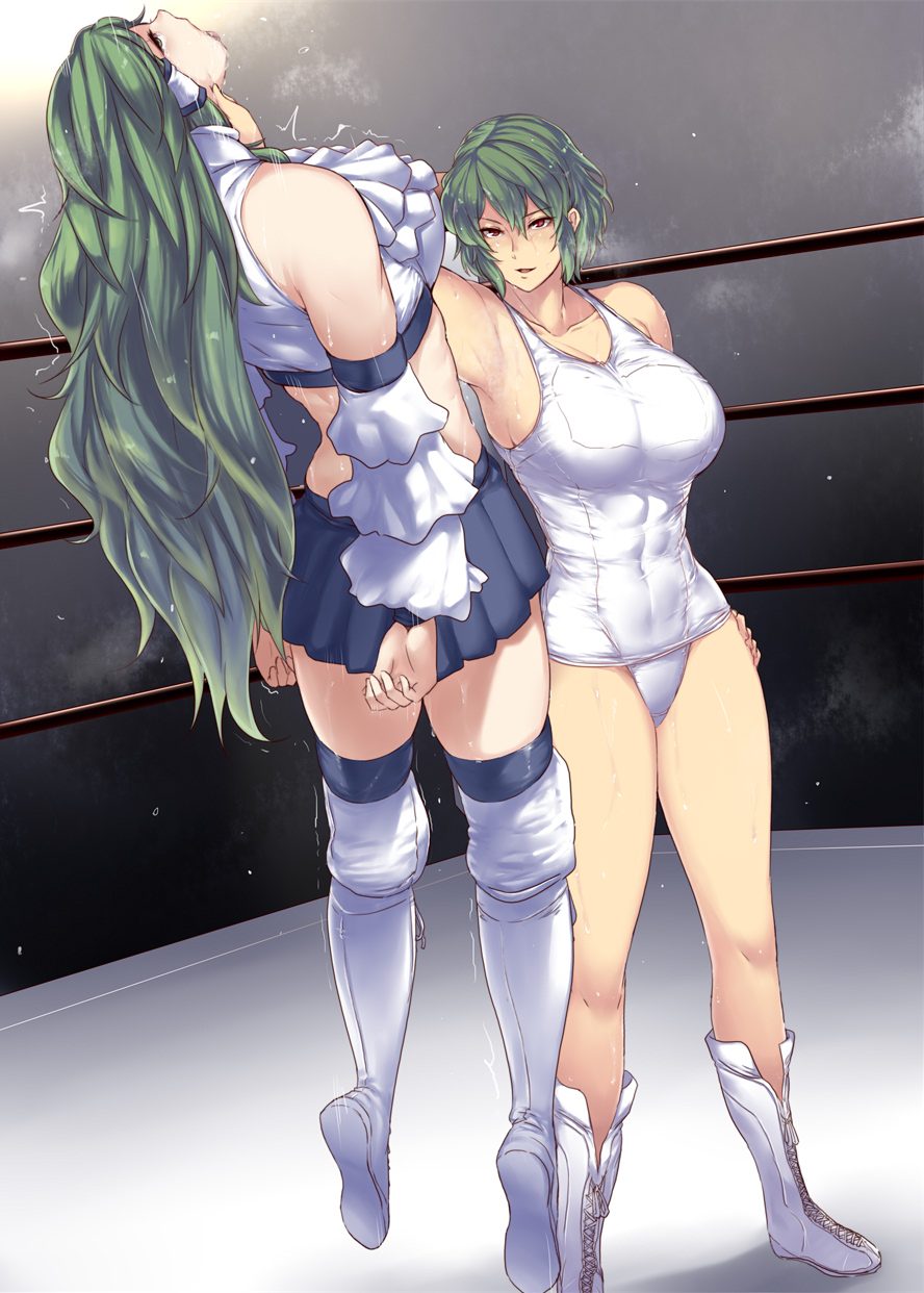 2girls adapted_costume asphyxiation blue_skirt boots breasts choking cleavage collarbone collared_shirt detached_sleeves eyebrows_visible_through_hair full_body green_eyes green_hair grey_background grin hair_between_eyes hair_ornament hair_tubes highres holding kazami_yuuka knee_pads kochiya_sanae large_breasts long_hair midriff miniskirt multiple_girls muscle muscular_female red_eyes rope ryona saliva school_swimsuit shadow shirt short_hair skirt sleeveless sleeveless_shirt smile stadium strangling sweat swimsuit tobisawa touhou white_footwear white_school_swimsuit white_shirt white_swimsuit wide_sleeves wrestling wrestling_outfit wrestling_ring