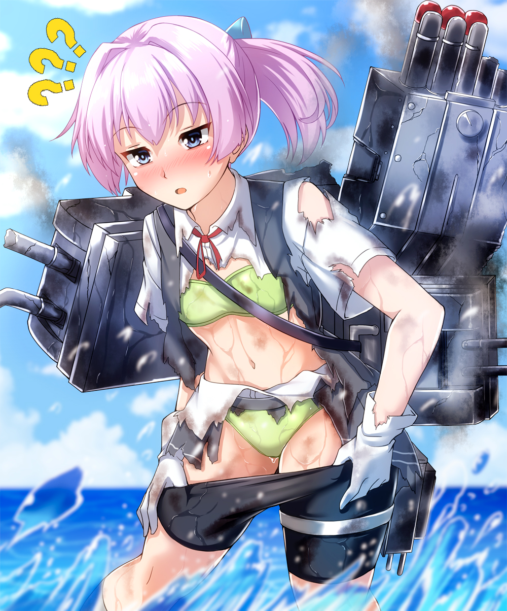 1girl ?? bandeau bike_shorts black_shorts blue_eyes blue_sky blurry bra cannon cloud commentary_request day depth_of_field dress_shirt gloves green_bra green_panties grey_vest highres horizon kantai_collection machinery neck_ribbon outdoors panties pink_hair pleated_skirt ponytail red_ribbon ribbon school_uniform shiranui_(kantai_collection) shirt short_ponytail short_sleeves shorts shorts_under_skirt skirt sky solo standing torn_clothes torpedo_launcher turret underwear undressing vest water wet wet_clothes white_gloves white_shirt zanntetu