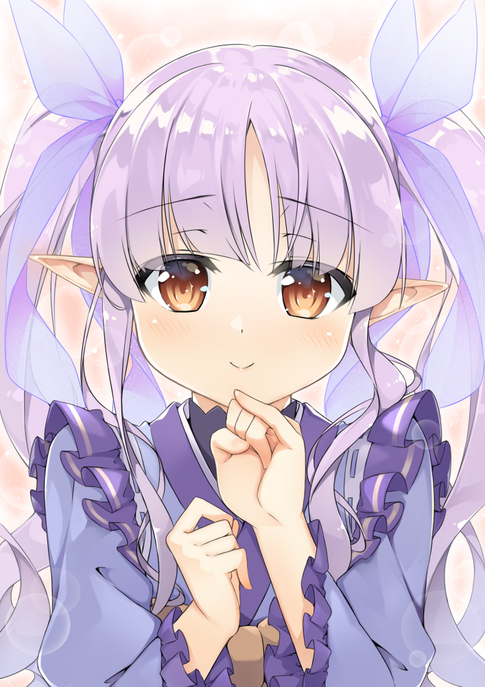 1girl bangs blush brown_eyes closed_mouth commentary_request eyebrows_visible_through_hair hair_ribbon hands_up hikawa_kyoka japanese_clothes kimono long_hair long_sleeves pointy_ears princess_connect! princess_connect!_re:dive purple_hair purple_kimono purple_ribbon ribbon ribbon_trim sasakura see-through smile solo twintails upper_body very_long_hair