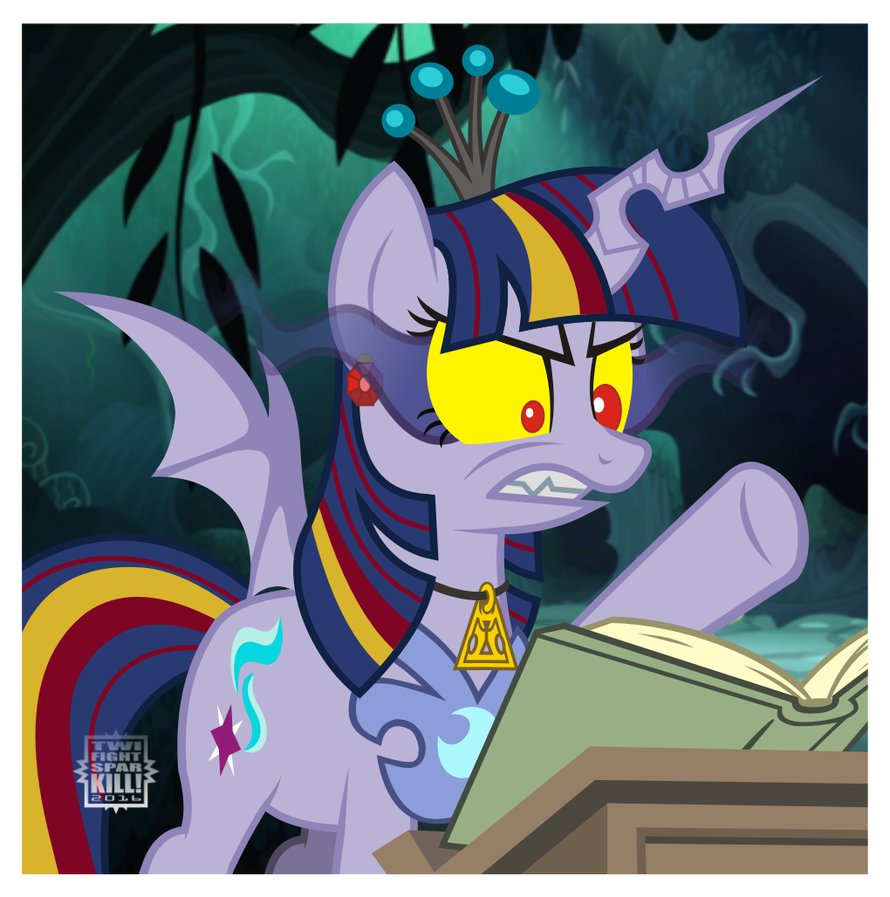 2016 bat_wings book changeling crown cutie_mark equine eye_mist fan_character fangs female feral forest hair hooves horn hybrid mammal mane membranous_wings my_little_pony outside pendant purple_hair red_eyes solo standing tree twifight_sparkill_(artist) twifight_sparkill_(character) winged_unicorn wings