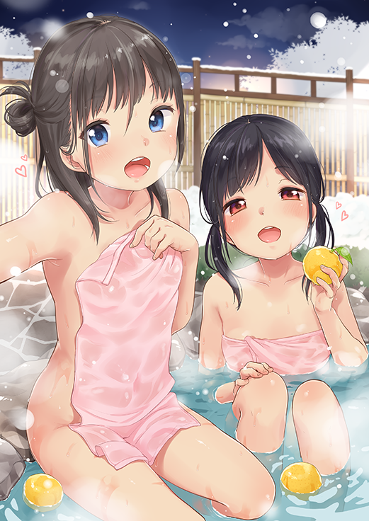 2girls :d bangs black_hair blue_eyes blush cloud collarbone commentary_request covering eyebrows_visible_through_hair fingernails food fruit hair_between_eyes heart holding holding_food holding_fruit lemon long_hair looking_at_viewer multiple_girls naked_towel nude_cover onsen open_mouth original outdoors outstretched_arm partially_submerged red_eyes sitting sky smile snow steam towel water yukiu_kon