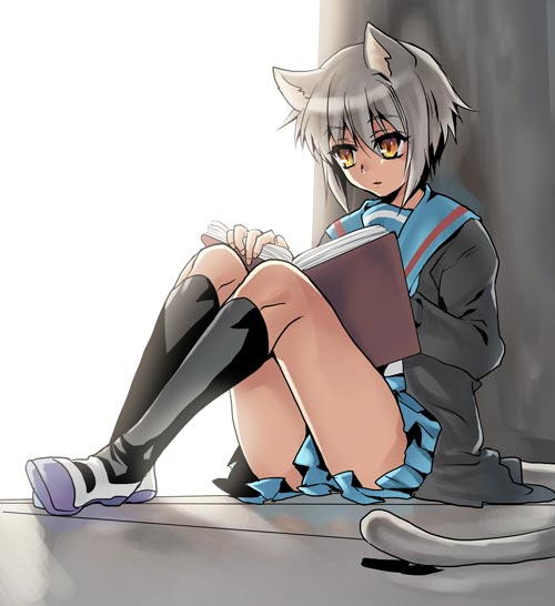 animal_ears blue_skirt book cat_ears kita_high_school_uniform nagato_yuki school_uniform serafuku skirt solo suzumiya_haruhi_no_yuuutsu tail tenkuu_sphere
