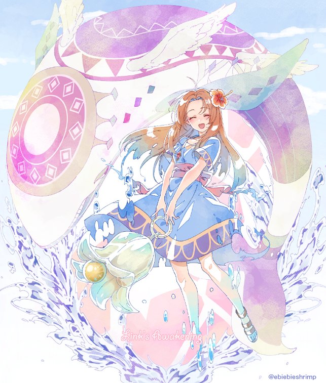 1girl ahoge brown_hair cloud cloudy_sky copyright_name dress eyes_closed flower full_body hair_flower hair_ornament jewelry long_hair looking_at_viewer marin_(the_legend_of_zelda) necklace nintendo oversized_object pendant sandals short_sleeves shuri_(84k) sky smile the_legend_of_zelda the_legend_of_zelda:_link's_awakening twitter_username water wind_fish