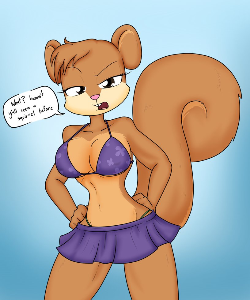 2016 annoyed anthro athletic bikini breasts clothed clothing dialogue english_text female fur g-string half-closed_eyes hands_on_hips hi_res looking_at_viewer mammal midriff navel nickelodeon nipple_bulge open_mouth rodent sandy_cheeks simple_background skimpy skirt solo spongebob_squarepants squirrel standing string_bikini swimsuit text theoretical-chaos unamused underwear