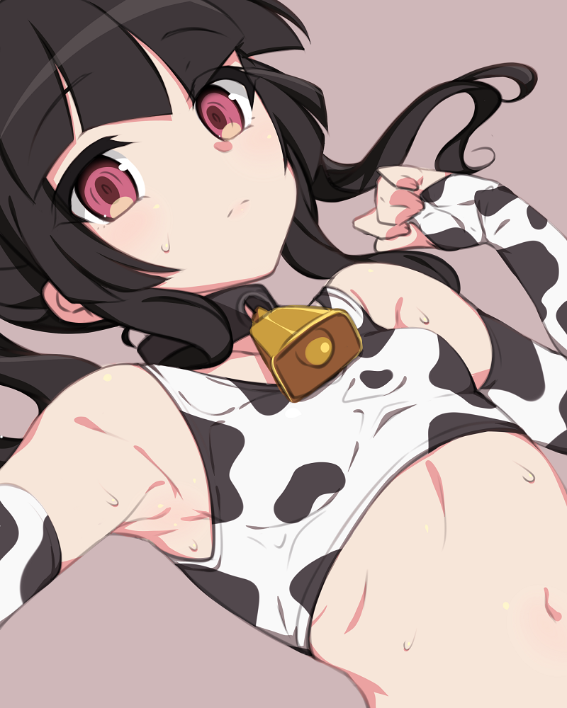 1girl animal_print bell bell_collar black_hair breasts collar cow_print elbow_gloves eyebrows_visible_through_hair fingerless_gloves gloves kuro_mushi looking_at_viewer navel red_eyes senki_zesshou_symphogear shiny shiny_hair shiny_skin simple_background small_breasts solo sports_bra sweat tsukuyomi_shirabe twintails