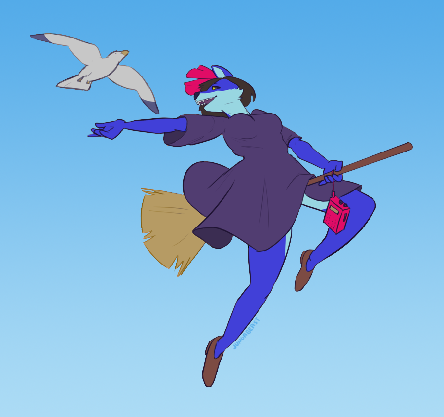 anthro avian bird broom canine clothing costume dress female flying ghibli gradient_background junga kiki's_delivery_service magic magic_user mammal outside radio ribbons seagull simple_background witch wolf