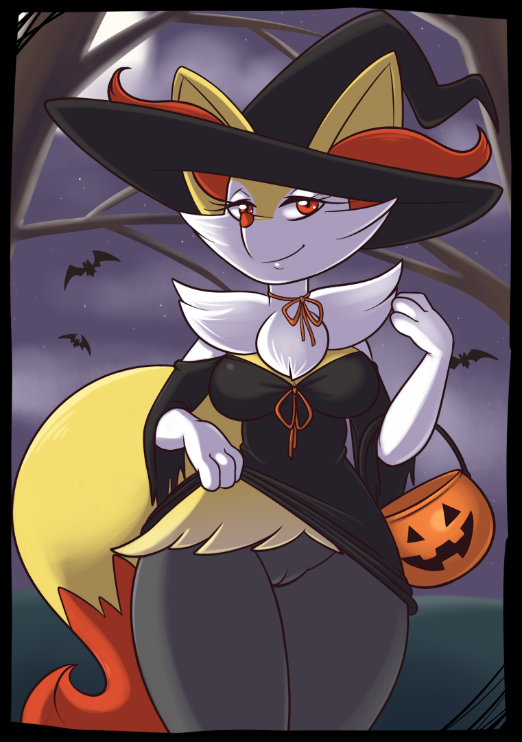 2016 anthro bat black_border border bottomless braixen canine clothed clothing clothing_lift eyelashes female fox full_moon halloween hat holidays looking_at_viewer mammal moon night nintendo outside pok&eacute;mon pok&eacute;morph rapps video_games witch_hat