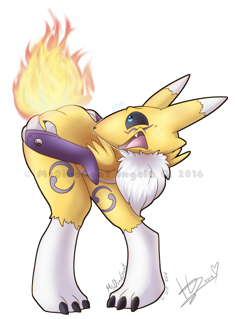 2016 alpha_channel anthro bent_over blue_eyes burning butt_on_fire canine digimon dinogoat female fire fur mammal nude ouch pain renamon signature simple_background solo transparent_background watermark yellow_fur