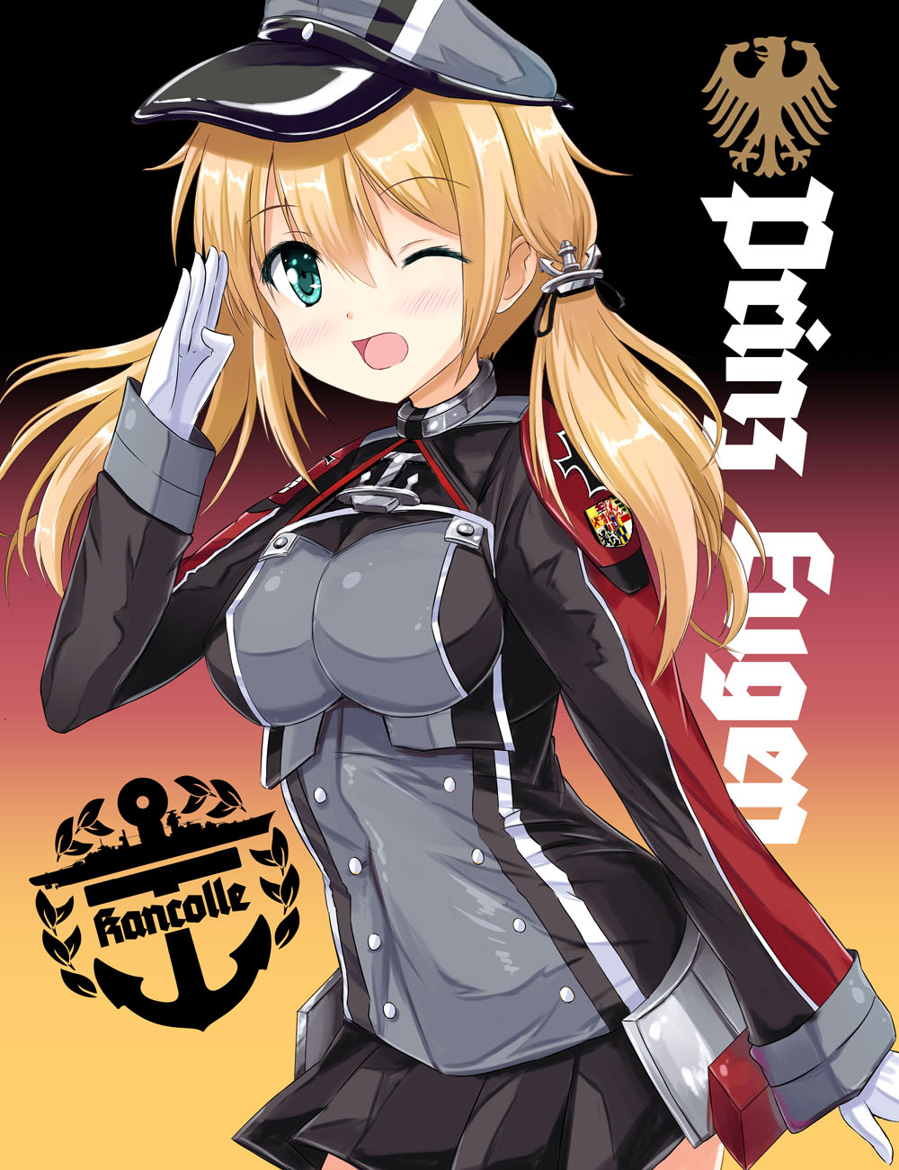anchor_hair_ornament black_ribbon blonde_hair blue_eyes breasts commentary_request german_flag germany gloves hair_ornament hat highres iron_cross kantai_collection large_breasts long_hair low_twintails microskirt military military_hat military_uniform one_eye_closed peaked_cap prinz_eugen_(kantai_collection) ribbon salute skirt solo suzuta_yume twintails uniform white_gloves