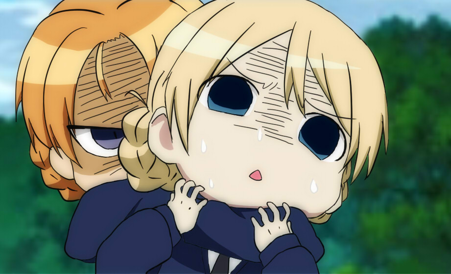 black_neckwear blonde_hair blue_eyes blue_sweater braid commentary_request darjeeling dress_shirt girls_und_panzer kill_me_baby multiple_girls necktie open_mouth orange_hair orange_pekoe parody rear_naked_choke school_uniform shirt short_hair st._gloriana's_school_uniform strangling sweater tied_hair trudecharlotte twin_braids v-neck white_shirt