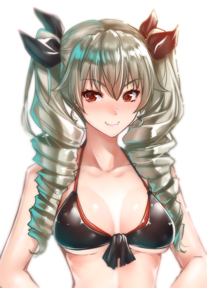 anchovy bikini_top breasts cleavage drill_hair duplicate girls_und_panzer hair_ribbon long_hair looking_at_viewer medium_breasts older red_eyes ribbon shiny shiny_skin simple_background smile solo standing twintails upper_body wavy_mouth zucchini