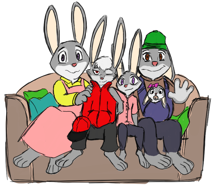 2016 anthro baby bonnie_hopps clothed clothing disney family female group hair_tuft hat judy_hopps lagomorph looking_at_viewer male mammal pacifier rabbit simple_background sitting smile sofa stu_hopps thephantombeyond waving white_background young zootopia