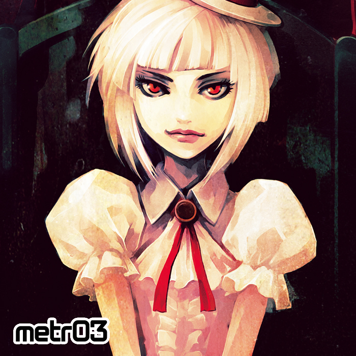 bangs blonde_hair blunt_bangs bow commentary_request eyelashes guest_art hands_together hironox looking_at_viewer muted_color original pale_skin puffy_short_sleeves puffy_sleeves red_eyes short_sleeves solo upper_body