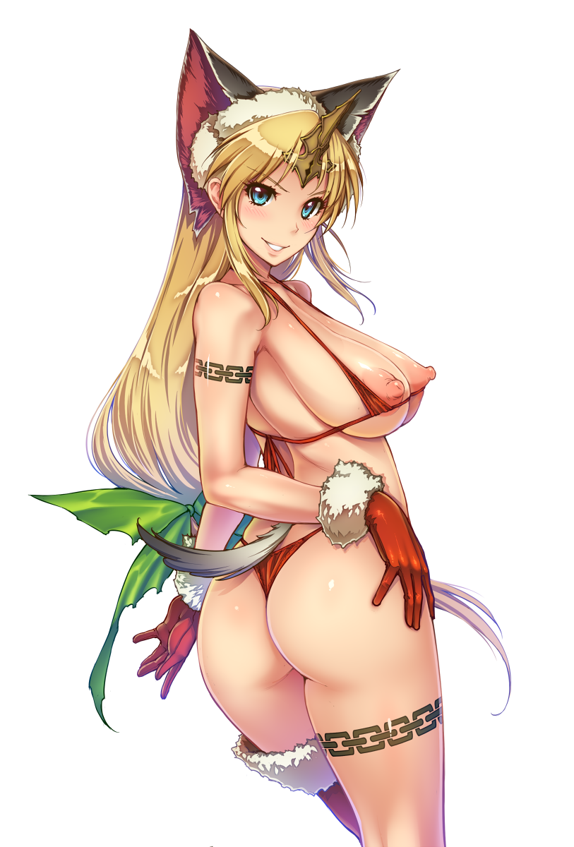 &gt;:) 1girl animal_ears armpits ass bare_shoulders bikini blonde_hair blue_eyes blush bow breasts chain fenrir_knight from_behind fur_trim gloves green_bow hair_bow highleg highleg_panties highres horn large_breasts long_hair looking_at_viewer looking_back low-tied_long_hair micro_bikini nipples panties parted_lips puffy_nipples red_bikini red_gloves red_legwear riesz sagging_breasts seiken_densetsu seiken_densetsu_3 single_thighhigh smile solo swimsuit tail tattoo thighhighs transparent_background twisted_torso underwear v-shaped_eyebrows very_long_hair wolf_ears wolf_tail