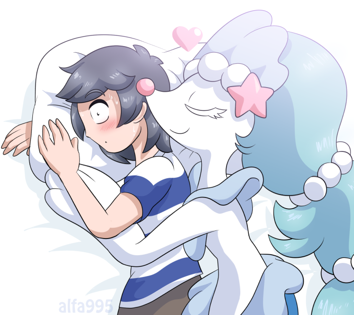 alfa995 artist_name awake blue_hair blush closed_eyes commentary cuddling gen_7_pokemon heart long_hair lying male_focus on_side pillow pink_nose pokemon pokemon_(creature) pokemon_(game) pokemon_sm primarina sleeping smile starfish_hair_ornament you_(pokemon)