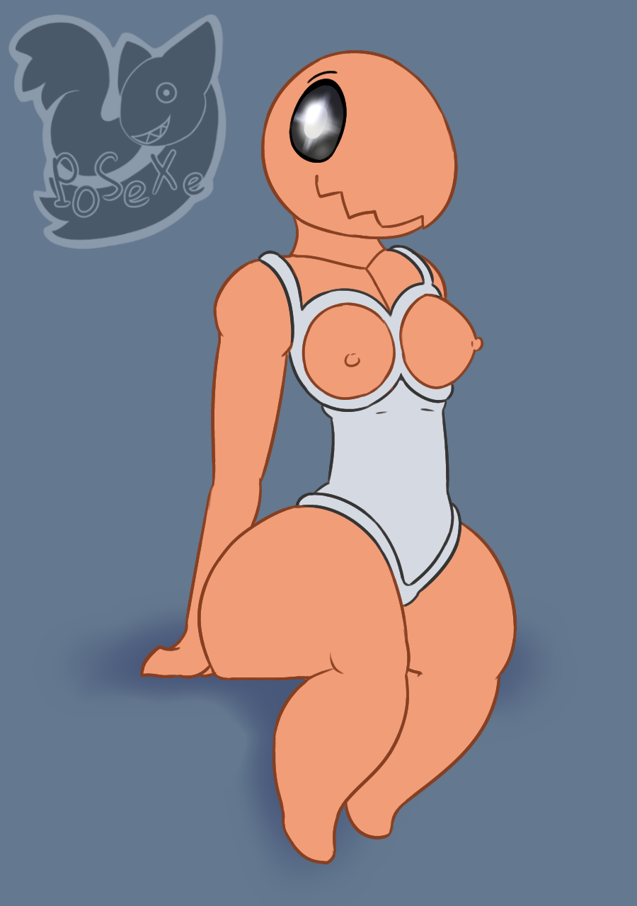 anthro anthrofied arthropod barefoot black_eyes blue_background breasts clothing erect_nipples female insect insectoid looking_at_viewer nintendo nipples nude orange_skin pok&eacute;mon posexe simple_background sitting smile solo swimsuit thick_thighs trapinch video_games watermark wide_hips