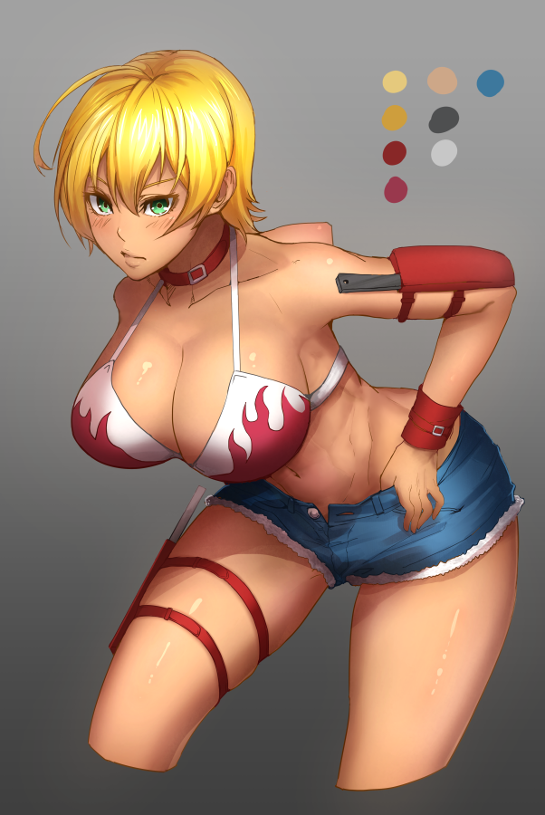 adjusting_clothes ahoge armpits bare_shoulders bikini_top blonde_hair blush breasts cleavage closed_mouth collar collarbone commentary_request cropped_legs dark_skin grey_background groin holster large_breasts leaning_forward looking_at_viewer minami_koyogi mito_ikumi navel shokugeki_no_souma short_hair short_shorts shorts solo stomach thigh_holster