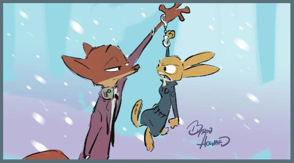 anthro byron_howard canine clothed clothing collar dangling disney duo eye_contact female fox handcuffs judy_hopps male mammal necktie nick_wilde police_uniform shackles suit uniform zootopia