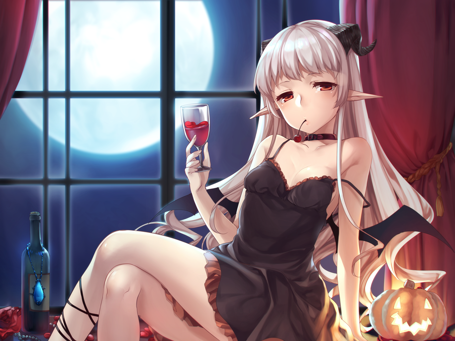 alcohol ankle_ribbon arm_support bangs bare_shoulders bat_wings beads black_dress blonde_hair bottle breasts cherry choker cocktail_dress crossed_legs cup curtains demon_girl dress drinking_glass flower food frilled_dress frills fruit full_moon half-closed_eyes halloween holding holding_cup horns indoors itou_nanami jack-o'-lantern jewelry jewelry_removed long_hair looking_at_viewer moon mouth_hold necklace night orange_eyes original pendant pointy_ears red_flower red_rose ribbon rose sheep_horns silver_hair sitting sleeveless sleeveless_dress small_breasts solo spaghetti_strap strap_slip wavy_hair window wine wine_bottle wine_glass wings