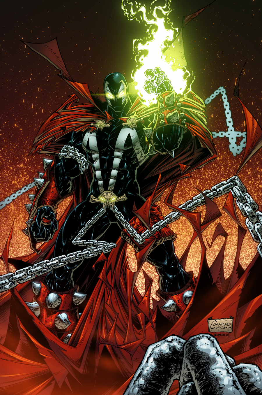 cape chain glowing glowing_eyes green_eyes highres image_comics magic male_focus skull solo spawn spawn_(spawn) spikes superhero