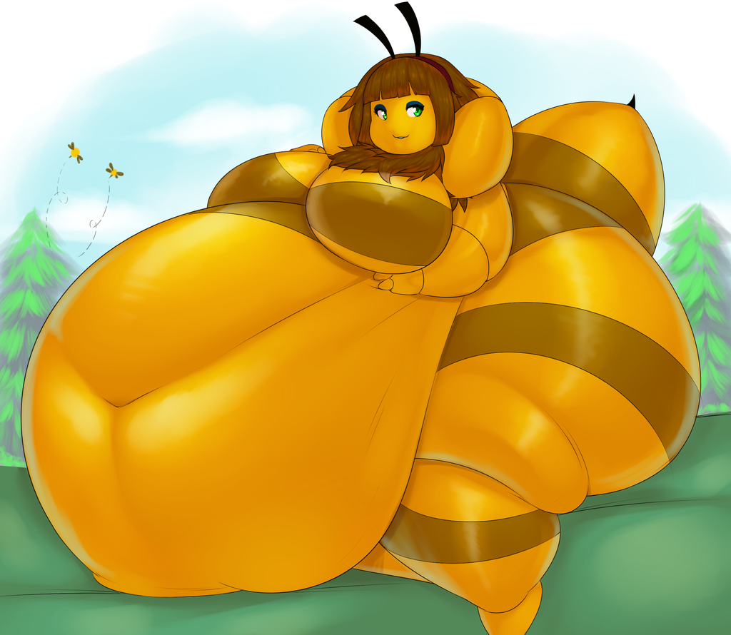 4_arms armpits arthropod bee belly big_belly big_breasts big_butt breasts brown_hair butt detailed_background digital_media_(artwork) featureless_breasts female green_eyes hair hand_on_stomach honey_(sweer_tomato) huge_breasts huge_butt hyper hyper_belly insect jaykuma morbidly_obese multi_arm multi_limb navel nude obese overweight sitting smile solo yellow_skin