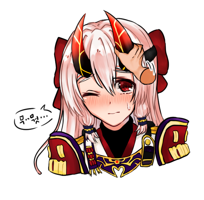 1girl armor bangs blush commentary_request embarrassed fate/grand_order fate_(series) grabbing hair_between_eyes hair_ribbon horn_grab japanese_clothes kimono long_hair looking_at_viewer motion_lines one_eye_closed oni_horns out_of_frame portrait pov pov_hands red_eyes red_ribbon ribbon shoulder_armor simple_background solo_focus sweatdrop tomoe_gozen_(fate/grand_order) translation_request user_xjjd7354 very_long_hair white_background white_hair white_kimono
