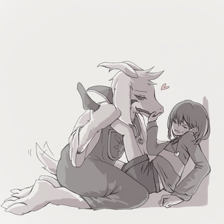 &lt;3 3_toes 4_fingers against_wall ambiguous_gender anthro asriel_dreemurr barefoot black_and_white black_sclera blush boss_monster caprine chara_(undertale) clothed clothing drooling duo fully_clothed fur goat hair hair_tuft horn human humanoid kneeling locket long_ears male male/ambiguous mammal monochrome one_eye_closed open_mouth robe saliva simple_background size_difference striped_topwear stripes sweat sweater tailwag toes undertale video_games white_background white_fur y_r_k_4