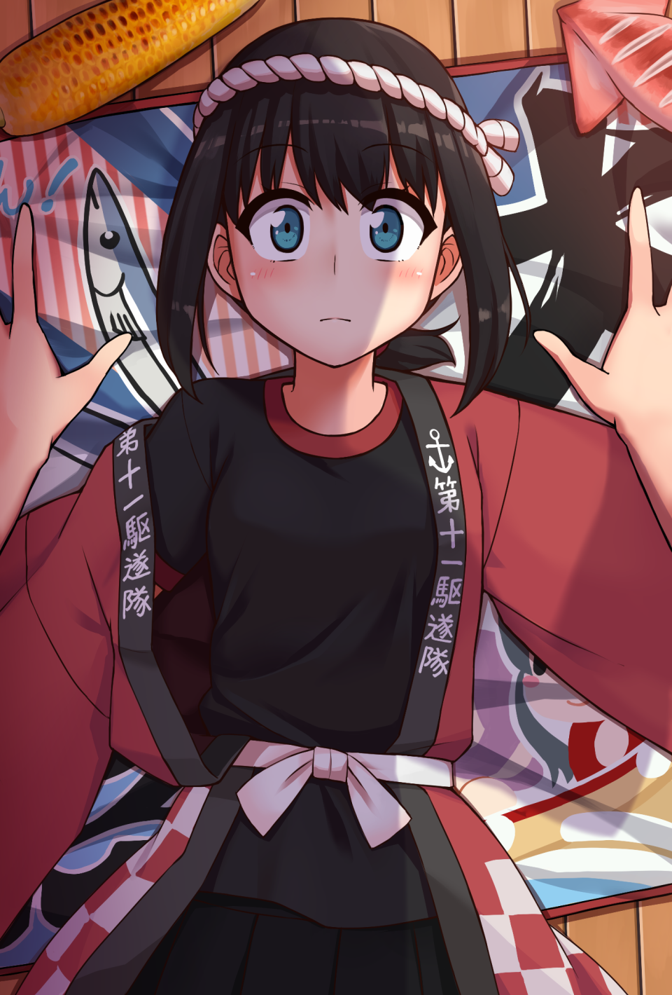 alternate_costume alternate_eye_color arm_up bangs banner black_hair black_shirt black_skirt blue_eyes blush bow breasts cerasus close-up clothes_writing commentary_request constricted_pupils corn eyebrows eyebrows_visible_through_hair eyelashes fish from_above fubuki_(kantai_collection) happi highres japanese_clothes kantai_collection looking_at_viewer looking_up lying on_back open_clothes outstretched_arms pleated_skirt pov remodel_(kantai_collection) saury shirt short_ponytail sidelocks skirt small_breasts solo_focus squid surprised t-shirt translated white_bow wooden_floor