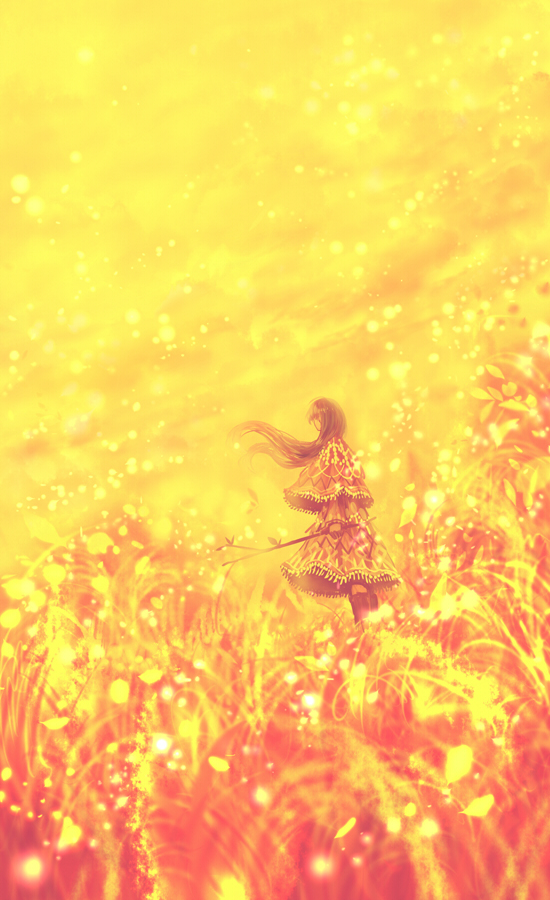 arm_at_side brown_hair capelet dress facing_away fantasy field floating_hair fringe_trim from_side light_particles long_hair orange_dress original outdoors petals sakimori_(hououbds) solo standing stick wind yellow