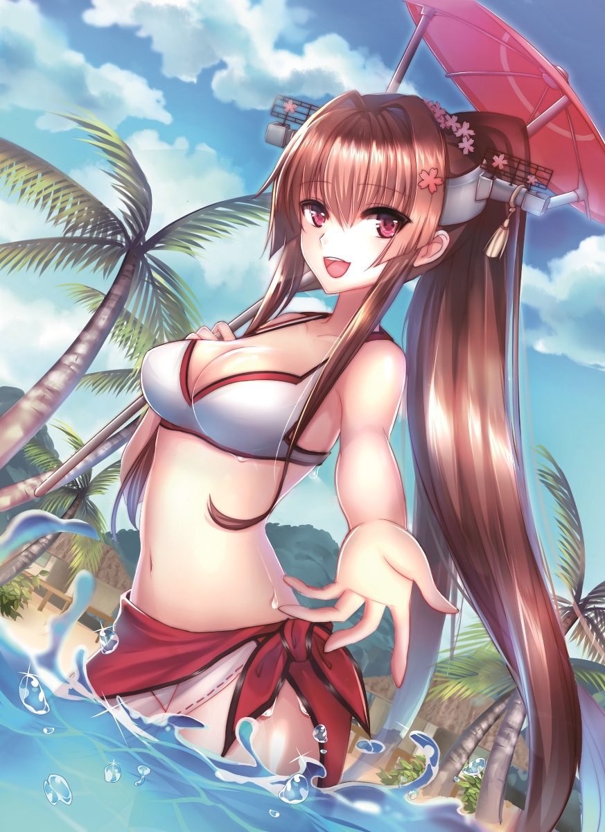 :d bad_id bad_pixiv_id bangs beach bikini breasts brown_hair cherry_blossoms cleavage cloud day dutch_angle flower hair_between_eyes hair_flower hair_intakes hair_ornament headgear highres hill holding holding_umbrella hut kantai_collection large_breasts long_hair looking_at_viewer mallizmora midriff navel ocean open_mouth oriental_umbrella outdoors outstretched_hand palm_tree ponytail purple_eyes sarong sidelocks sky smile solo sparkle swimsuit tree umbrella very_long_hair wading water_drop white_bikini yamato_(kantai_collection)