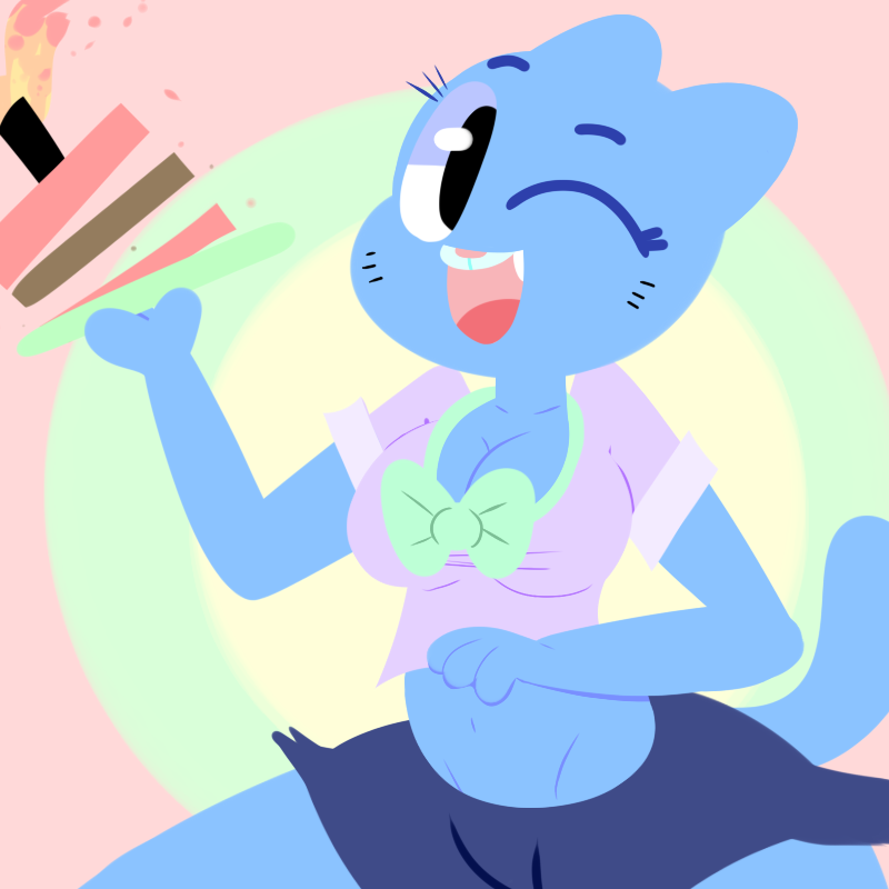 anthro birthday blue_fur bow breasts cake candle cartoon_network cat cleavage clothed clothing cutoffs denim_shorts dropping feline female fire flutteringpie food fur lit_candle looking_at_viewer mammal mature_female midriff mother navel nicole_watterson one_eye_closed open_mouth parent pink_nose shorts simple_background solo the_amazing_world_of_gumball tongue whiskers wide_hips wink