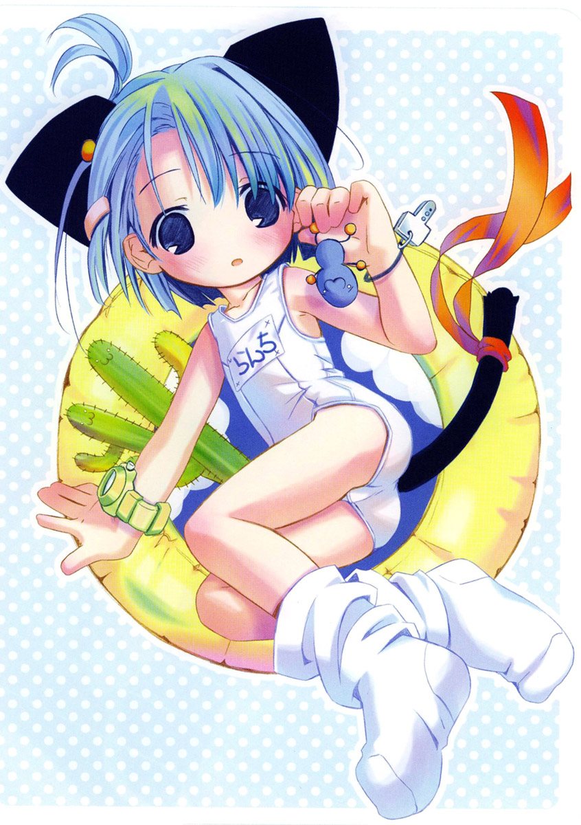 :3 ahoge animal_ears ass blue_eyes blue_hair blush cactus cat_ears cat_tail child copyright_request flat_chest from_above hair_ornament hairclip highres key lying name_tag on_side one-piece_swimsuit open_mouth polka_dot pop ribbon school_swimsuit short_hair socks solo swimsuit tail tail_ribbon watch white_school_swimsuit white_swimsuit wristwatch