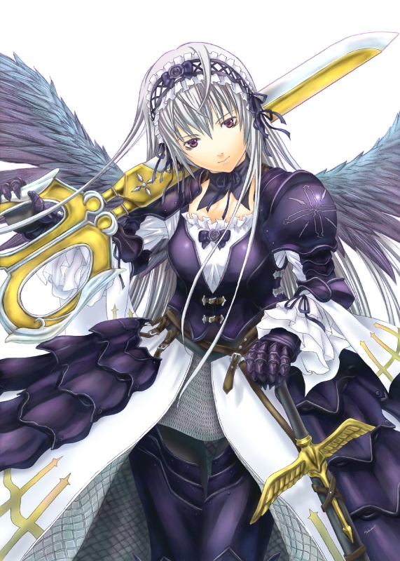 armor bangs black_wings cover cover_page doujin_cover flower frilled_sleeves frills gothic_lolita hairband light_smile lolita_fashion long_hair long_sleeves looking_at_viewer ribbon rose rozen_maiden sabamu scissors silver_hair simple_background solo suigintou sword weapon white_background wings