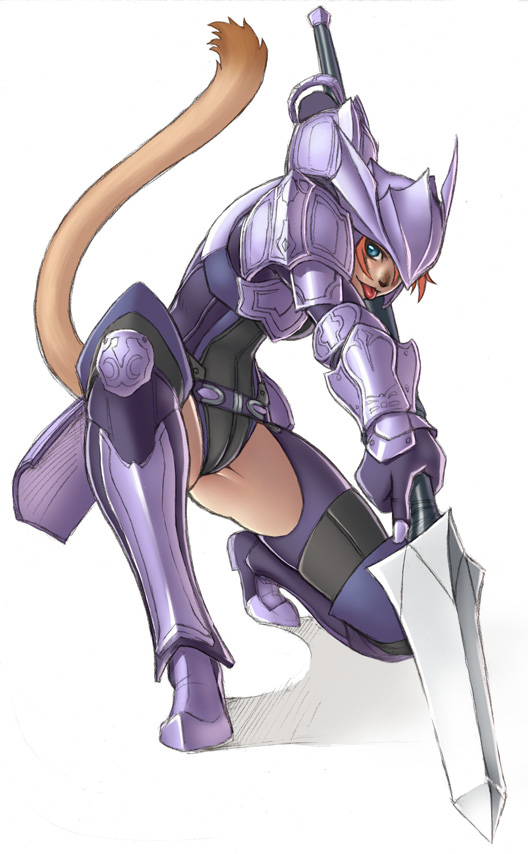 :p armor artist_request blue_eyes cameltoe cat_tail dark_skin dragoon dragoon_(final_fantasy) final_fantasy final_fantasy_xi helmet mithra one_knee orange_hair polearm solo spear tail thighs tongue tongue_out weapon