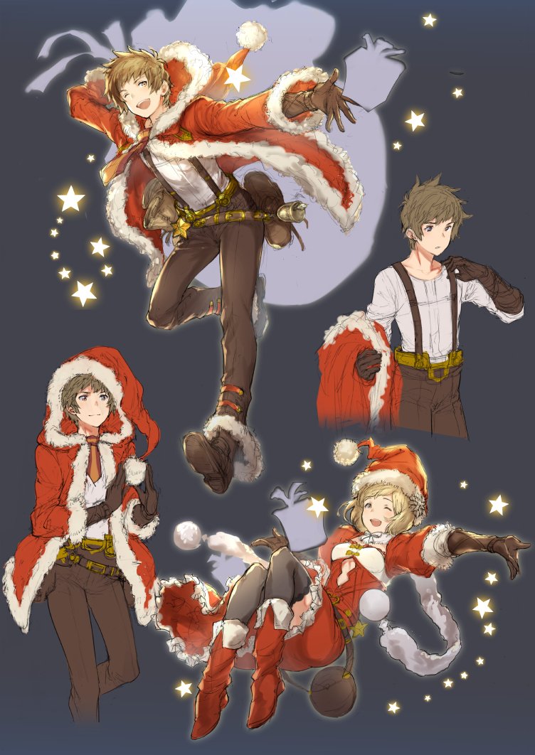 1girl ;d black_legwear blonde_hair boots brown_eyes brown_gloves brown_hair djeeta_(granblue_fantasy) fur_trim gift gloves gran_(granblue_fantasy) granblue_fantasy looking_at_viewer multiple_persona natsuno_(natsuno_a1) one_eye_closed open_mouth outstretched_hand pom_pom_(clothes) santa_costume simple_background smile star suspenders thighhighs