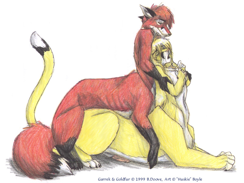 1999 all_fours blonde_hair breasts chakat chakona_space cougar doggystyle duo eyes_closed feline foxtaur from_behind_position fur garrek goldfur hair intersex intersex/male male mammal mayra_boyle nipples penis red_fur sex simple_background taur white_background