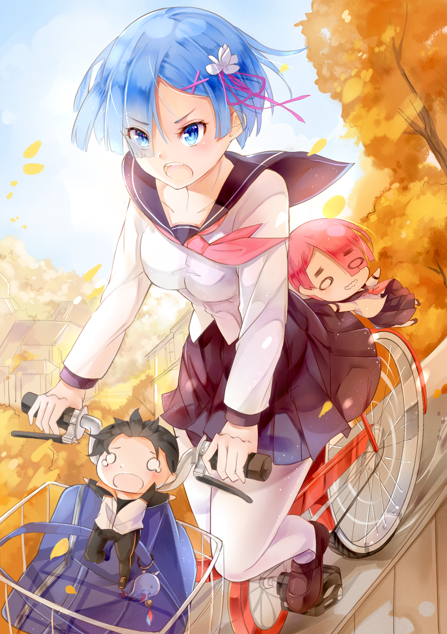 2girls :o alternate_costume amicis_(amisic) asymmetrical_bangs autumn autumn_leaves bag bag_charm bag_removed bangs bicycle bicycle_basket black_hair black_skirt blank_eyes blue_eyes blue_hair breasts bright_pupils brown_footwear building character_doll charm_(object) chibi cloud cloudy_sky collarbone commentary contemporary day determined eyebrows eyes_visible_through_hair flower full_body ground_vehicle hair_flower hair_ornament hair_over_one_eye hair_ribbon hakugei_(re:zero) hanging_on highres in_basket loafers long_sleeves medium_breasts miniboy minigirl multiple_girls natsuki_subaru neckerchief o_o open_mouth outdoors outstretched_arms pantyhose pink_hair pink_ribbon pleated_skirt ram_(re:zero) re:zero_kara_hajimeru_isekai_seikatsu rem_(re:zero) ribbon riding school_bag school_uniform serafuku shirt shoes short_hair siblings sisters skirt sky tears teeth tree_branch twins v-shaped_eyebrows white_flower white_legwear white_pupils white_shirt wind x_hair_ornament