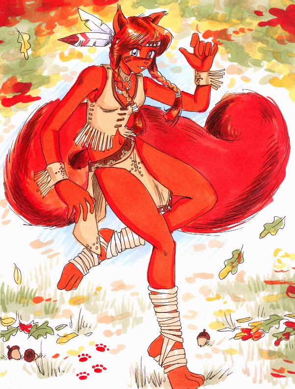 dancing eurasian_red_squirrel female fluffy fluffy_tail fur headband jewelry leaf looking_at_viewer mammal native_american necklace outside red_fur rodent sciurid sue-chan_(artist) traditional_media_(artwork) tree_squirrel