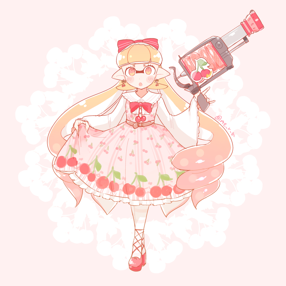 amamiya_yuumu bad_id bad_pixiv_id bangs belt blunt_bangs bow bowtie cherry_print domino_mask dress drill_hair earrings food_print full_body h-3_nozzlenose_(splatoon) holding holding_weapon inkling jewelry lolita_fashion long_hair long_sleeves looking_at_viewer mask orange_eyes orange_hair parted_lips pointy_ears print_dress shoes simple_background skirt_hold solo splatoon_(series) splatoon_1 standing sweet_lolita tentacle_hair twin_drills twintails twitter_username weapon white_background wide_sleeves